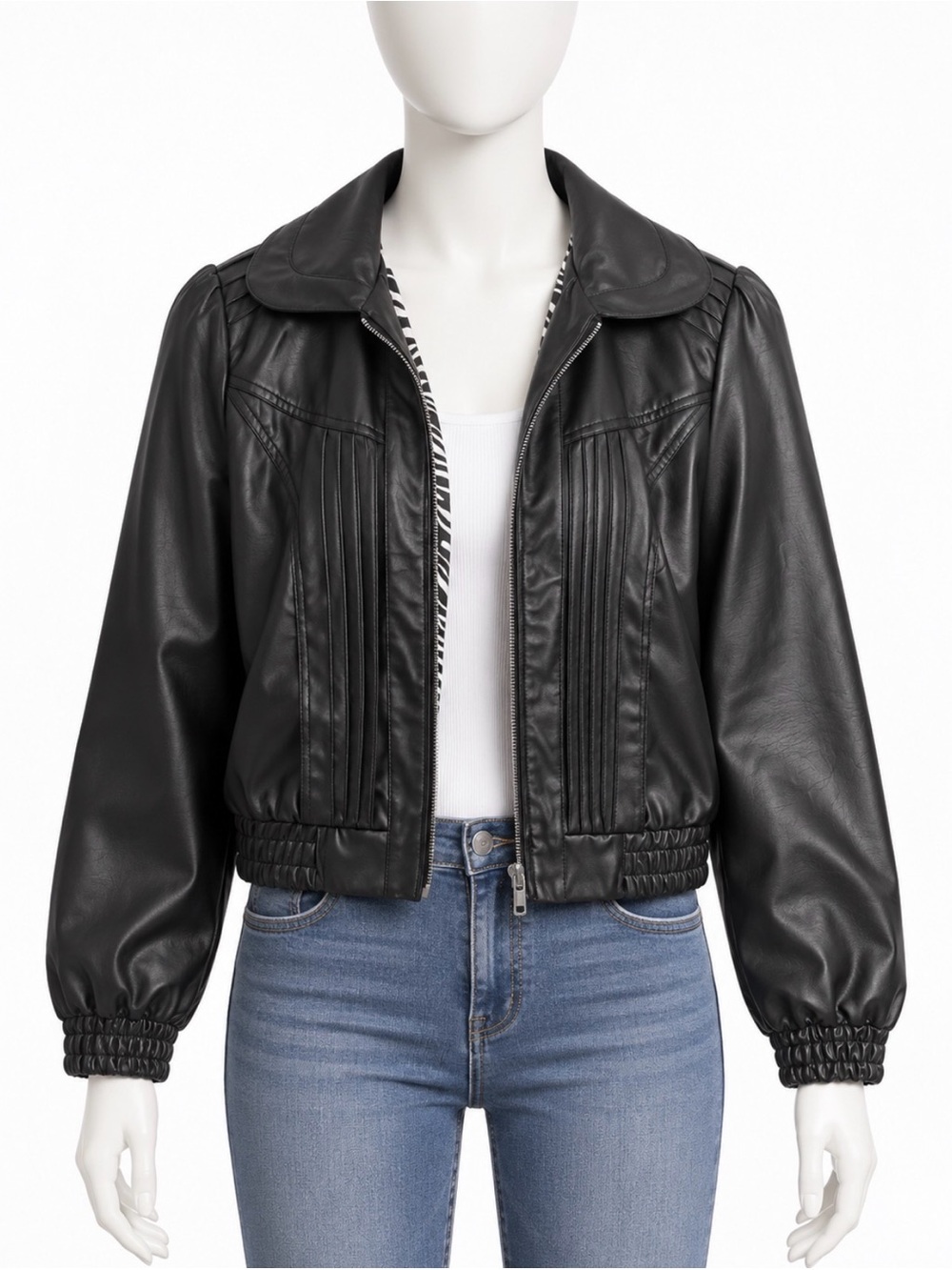 Black Faux Leather Bomber Jacket - Women